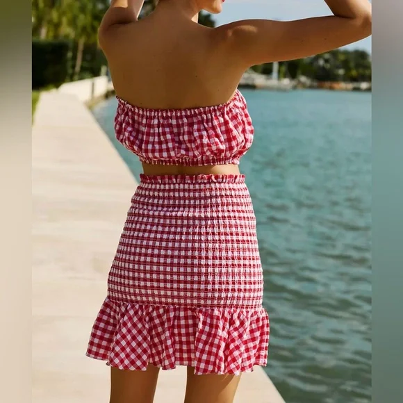 Anthropologie 2 pc red Mable gingham smocked mini skirt& top set